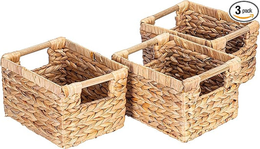 Small Wicker Baskets for Organizing Bathroom, Hyacinth Baskets for Storage, Wicker Storage Basket with Wooden Handle, Decorative Small Basket 10 x 7.5 x 6.3 inches - 3 Pack
