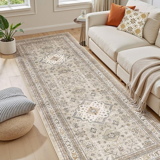 Vintage Hallway Runner Rug 3x10: Large Soft Washable Entryway for Kitchen Laundry Room Non-Slip Backing Runner for Entrance Living Room Bedroom Bathroom - Beige