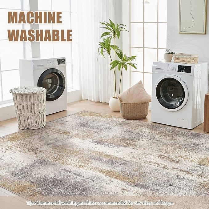 Area Rug Living Room Rugs - 9x12 Washable Large Soft Indoor Neutral Modern Abstract Low Pile Rug Carpet for Bedroom Dining Room Farmhouse Home Office - Brown Grey