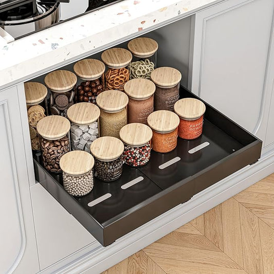 Expandable Pull Out Cabinet Organizer, 16" Deep Expandable (12.6" - 20.5") 3 Heavy Duty Slide Drawers Pull Out Drawers for Kitchen Storage Cabinet (Black)