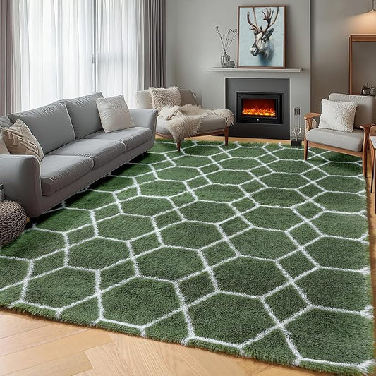 ONASAR Area Rugs for Bedroom Living Room, 4x6 Fluffy Olive Green and White Throw Rug, Shaggy Geometric Floor Mat for Home Decor Aesthetic, Soft Plush Fuzzy Carpet for Nursery Kids Teen Dorm