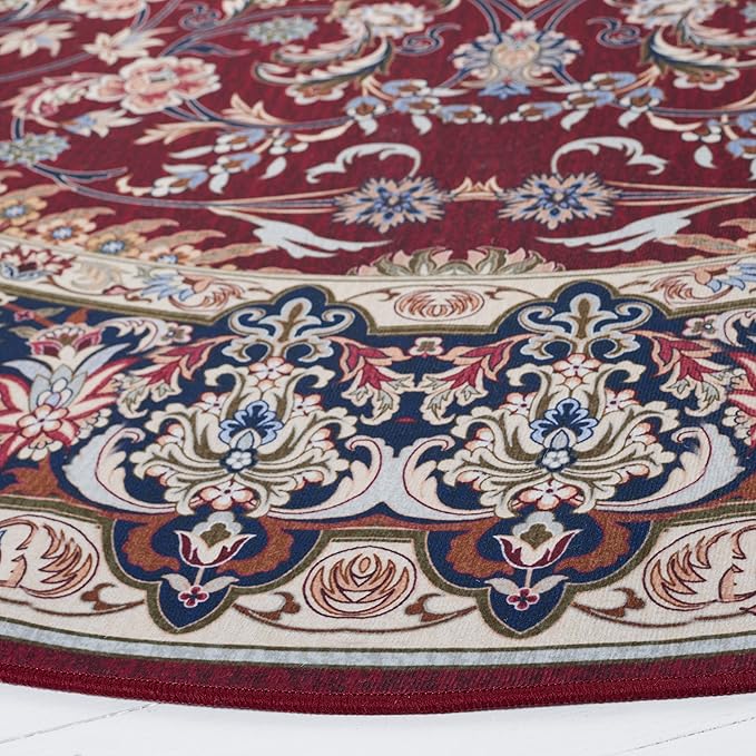 SAFAVIEH Washable Rug Tucson Collection - 6' Round, Red & Navy, Slip Resistant & Easy to Clean, Ideal for Living Room, Bedroom, Dining Space (TSN135Q)
