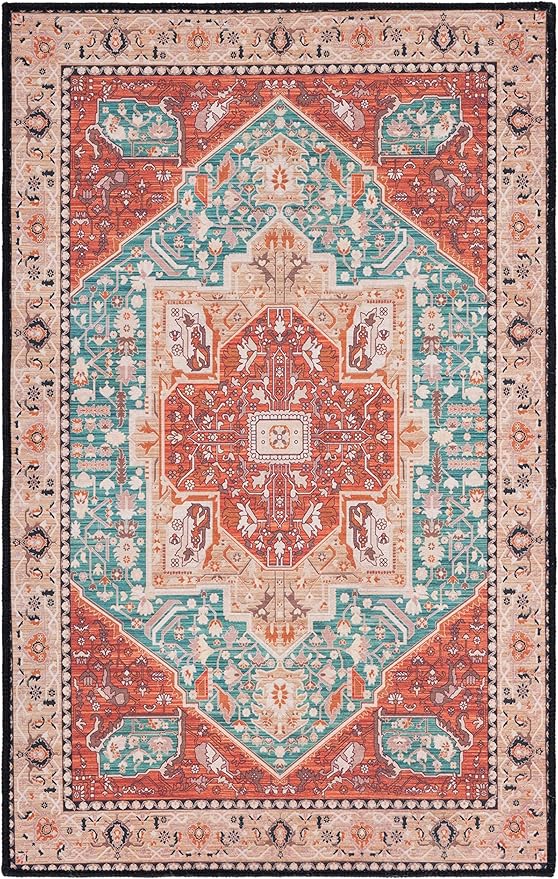SAFAVIEH Washable Rug Tucson Collection - 2'6" x 4', Aqua & Rust, Slip Resistant & Easy to Clean, Ideal for Living Room, Bedroom, Dining Space (TSN150J)