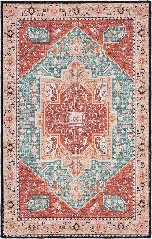 SAFAVIEH Washable Rug Tucson Collection - 2'6" x 4', Aqua & Rust, Slip Resistant & Easy to Clean, Ideal for Living Room, Bedroom, Dining Space (TSN150J)