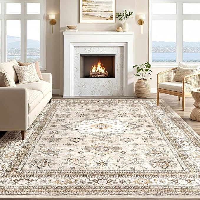 Vintage Living Room Area Rug 9X13 - Large Soft Washable Oriental Traditional Distressed Farmhouse Rugs for Bedroom - Indoor Floor Accent Carpet for Home Office House Decor - Beige