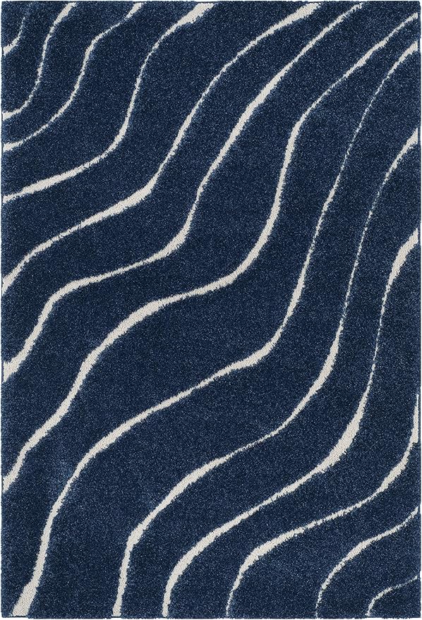 SAFAVIEH Florida Shag Collection Area Rug - 5'3" x 7'6", Dark Blue & Cream, Non-Shedding & Easy Care, 1.2-inch Thick Ideal for High Traffic Areas in Living Room, Bedroom (SG472-6511)