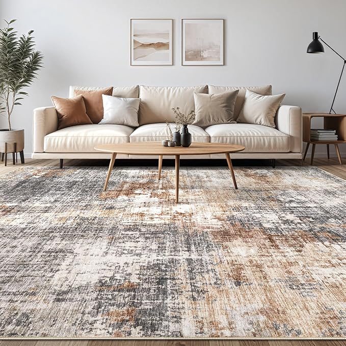 Area Rug Living Room Rugs - 12x15 Washable Large Soft Indoor Neutral Modern Abstract Low Pile Rug Carpet for Bedroom Dining Room Farmhouse Home Office - Grey Brown