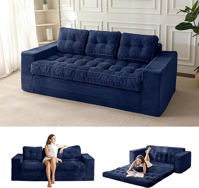 MAXYOYO Convertible Sofa Bed, Pull Out 3 Seater Sleeper Sofa, 2 in 1 Folding Couch Bed, Fold Out Floor Couch with Pillows for Living Room Bedroom Lounge, Navy