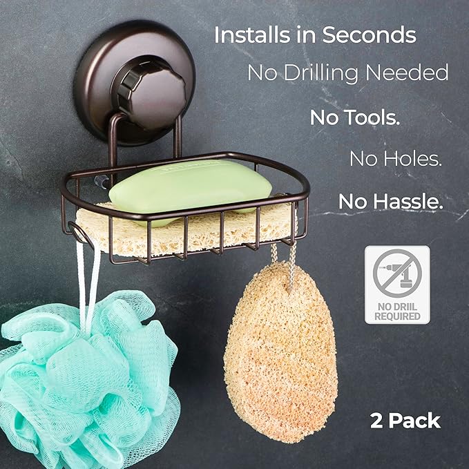 HASKO 2 Pack Suction Cup Soap Dish for Shower Wall, Rustproof Stainless Steel, Shower Soap Holder with Hooks, Includes Optional No Drill Adhesive Mount for Bathroom, 2 Soap Savers, Bronze