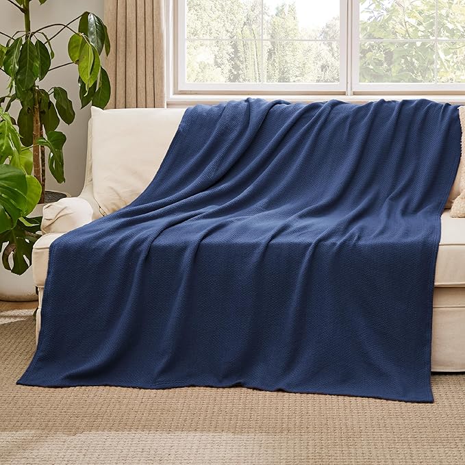Bedsure GentleSoft 100% Cotton Blanket Twin XL Size for Bed - Breathable and Lightweight, Soft Cozy Textured Herringbone Woven Summer Blanket for College Dorm, Navy Blue, 66x90 inches