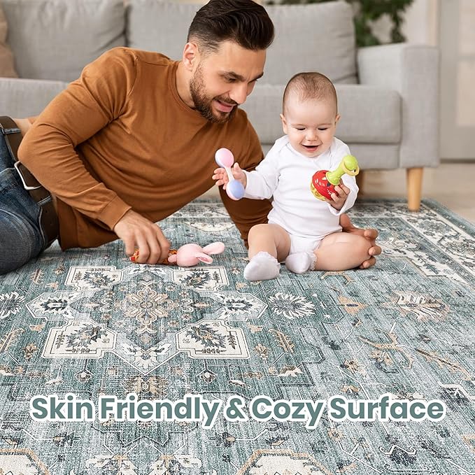 Vintage Living Room Area Rug 10x12 - Large Soft Washable Oriental Traditional Distressed Farmhouse Rugs for Bedroom - Indoor Floor Accent Carpet for Home Office House Decor - Denim Blue