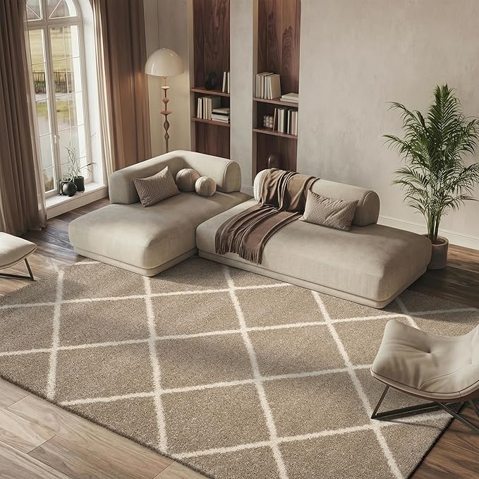 SAFAVIEH Hudson Shag Collection Area Rug - 8' x 10', Beige & Ivory, Modern Trellis Design, Non-Shedding & Easy Care, 2-inch Thick Ideal for High Traffic Areas in Living Room, Bedroom (SGH281S)