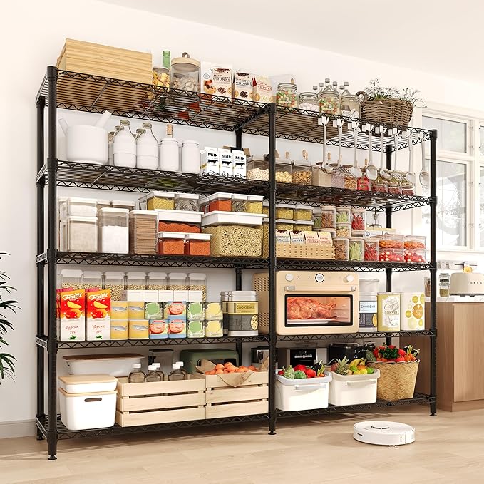 5-Tier Storage Shelving Unit Metal Shelves 59" W Wire Shelving, 70" H L-Shaped Pantry Shelves Kitchen Storage Shelves for Home Commercial Garage Heavy Duty, 70.5" H x 59" W x 13.8" D