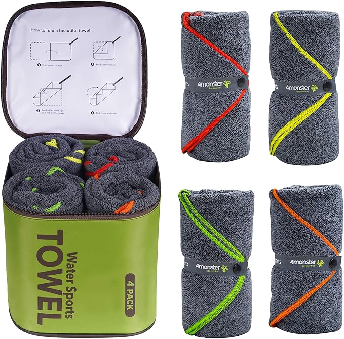 4 Pack Microfiber Camping Towel Quick Dry, Super Absorbent Travel Towel with Waterproof Bag, Lightweight Boat Towel for RV, Sport, Gym, Beach, Pool, Swim,Family Trip