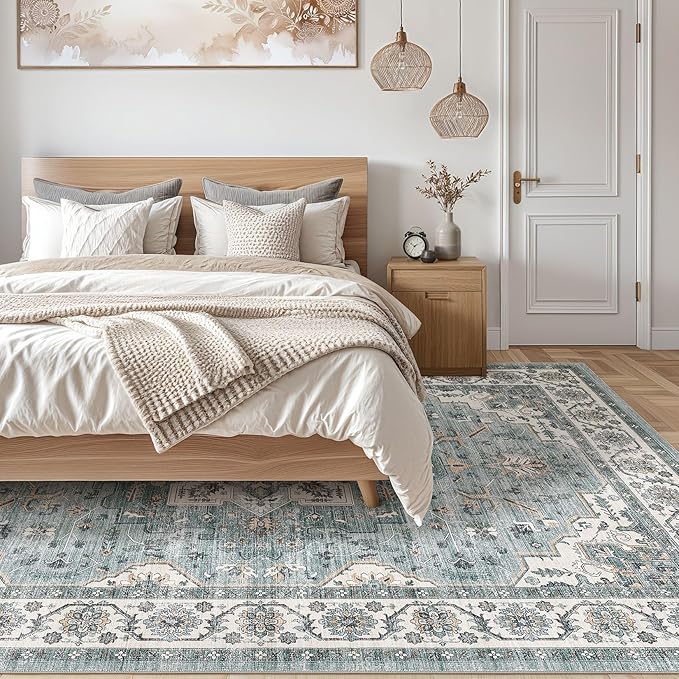 Vintage Living Room Area Rug 9x12 - Large Soft Washable Oriental Traditional Distressed Farmhouse Rugs for Bedroom - Indoor Floor Accent Carpet for Home Office House Decor - Denim Blue