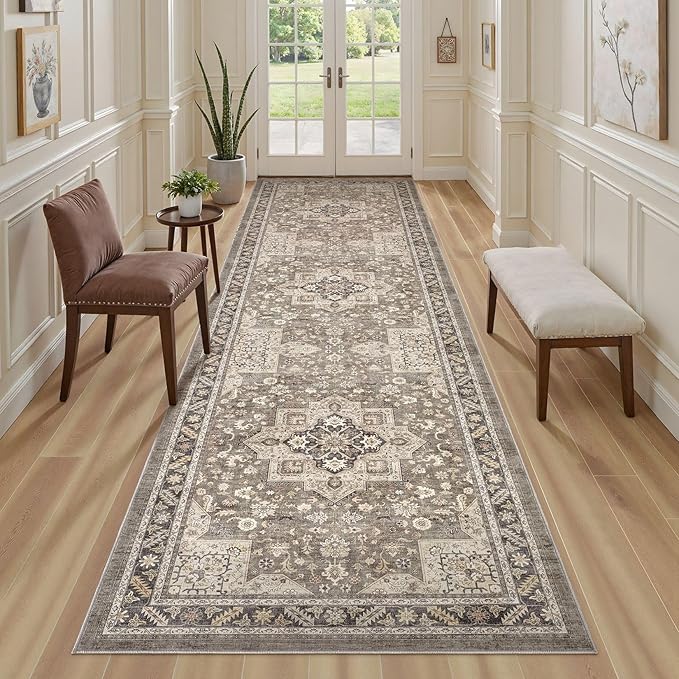 Vintage Hallway Runner Rug 3x12: Large Soft Washable Entryway for Kitchen Laundry Room Non-Slip Backing Runner for Entrance Living Room Bedroom Bathroom - Brown