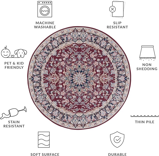 SAFAVIEH Washable Rug Tucson Collection - 6' Round, Red & Navy, Slip Resistant & Easy to Clean, Ideal for Living Room, Bedroom, Dining Space (TSN135Q)
