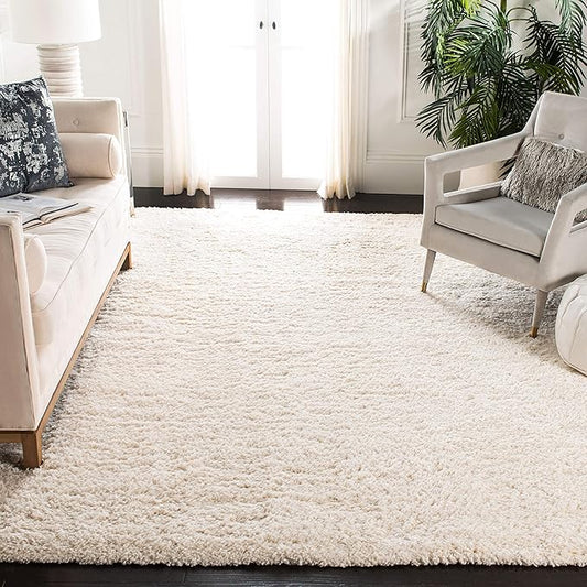 SAFAVIEH Fontana Shag Collection Area Rug - 5'3" Square, Ivory, Solid Design, Non-Shedding & Easy Care, 2-inch Thick Ideal for High Traffic Areas in Living Room, Bedroom (FNT800A)