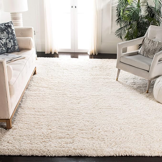 SAFAVIEH Fontana Shag Collection Area Rug - 6'7" Square, Ivory, Solid Design, Non-Shedding & Easy Care, 2-inch Thick Ideal for High Traffic Areas in Living Room, Bedroom (FNT800A)
