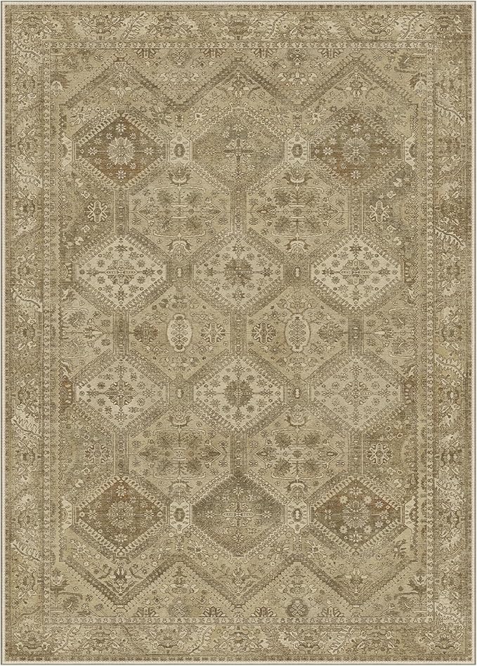 Bavni 3x5 Area Rug Washable Rug for Living Room Bedroom, Vintage Print Carpet, Low Pile Lightweight Mat with Non Slip Backing, Light Brown