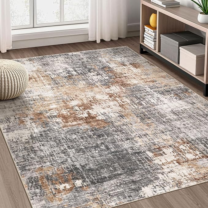Area Rug Living Room Rugs - 10x11 Washable Large Soft Indoor Neutral Modern Abstract Low Pile Rug Carpet for Bedroom Dining Room Farmhouse Home Office - Grey Brown