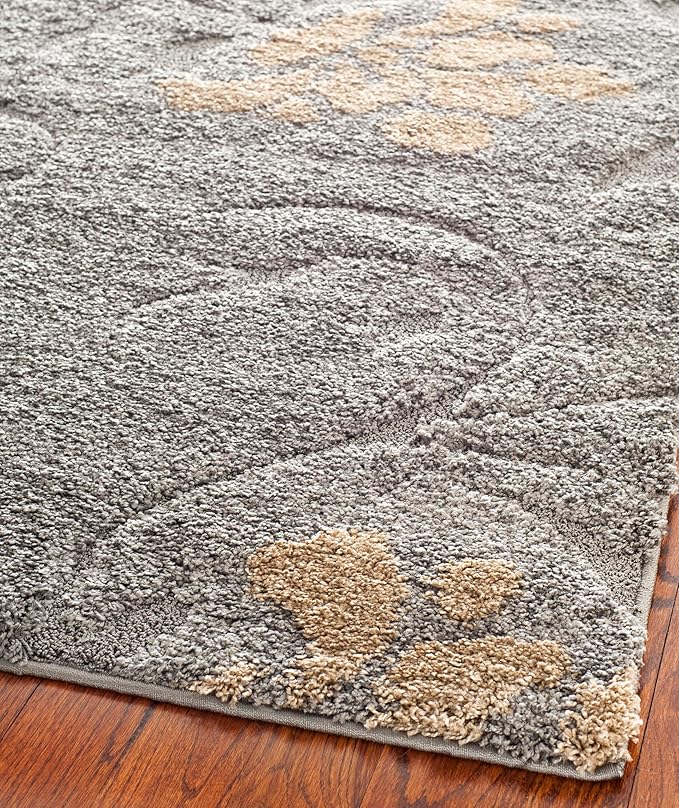 SAFAVIEH Florida Shag Collection Area Rug - 4' Round, Grey & Beige, Floral Design, Non-Shedding & Easy Care, 1.2-inch Thick Ideal for High Traffic Areas in Living Room, Bedroom (SG464-8013)