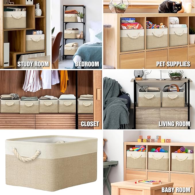 Simple Houseware Large Fabric Storage Bin, 15.7" x 12" with Braided Handles, 3 Pack, Beige