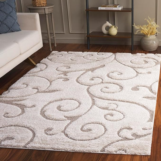 SAFAVIEH Florida Shag Collection Area Rug - 5'3" x 7'6", Cream & Beige, Scroll Design, Non-Shedding & Easy to Clean, High-Low Plush Pile, Ideal for Living Room, Bedroom, Dining Space (SG455-1113)