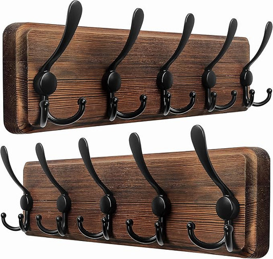 Dseap Coat Rack Wall Mounted - 5 Tri Hooks, Heavy Duty, Wooden Wall Coat Hanger Coat Hook for Clothes Hat Jacket Clothing, Natural & Black, 2 Packs