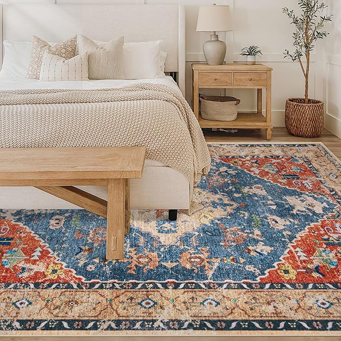 Area Rug 6x9 Washable Rug, Vintage Boho Medallion Rugs Non-Slip Soft Low Pile Large Distressed Rug Indoor Retro Carpet for Living Room Bedroom Dining Room Office (TribalMedallionMulti, 6'x9')