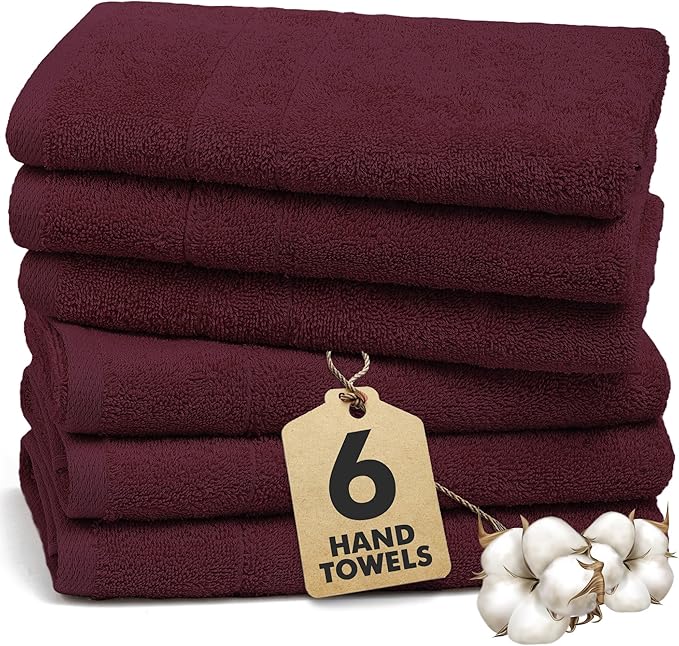 100% Cotton Hand Towels for Bathroom – Soft & Absorbent Towel Set– Pack of 6 Small Towel (34x20in) – Quick Dry Luxury Cotton Hand Towels – Burgundy