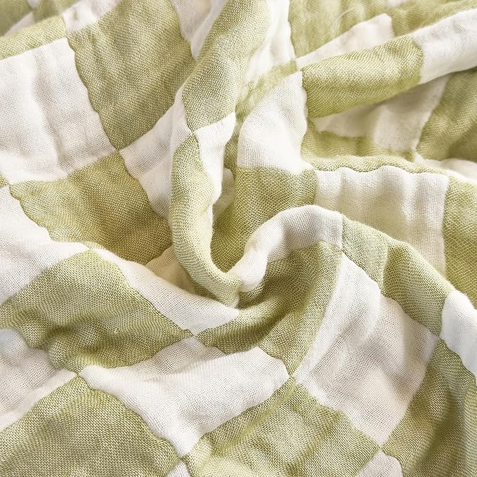 SANACYNA 100% Cotton Muslin Blanket 6-Layer Gauze Green Grid Bed Blanket Lightweight Soft and Breathable Swaddle Blanket for Crib Couch Bed Keep Warm (Green Checkerboard, Baby 30"x40")