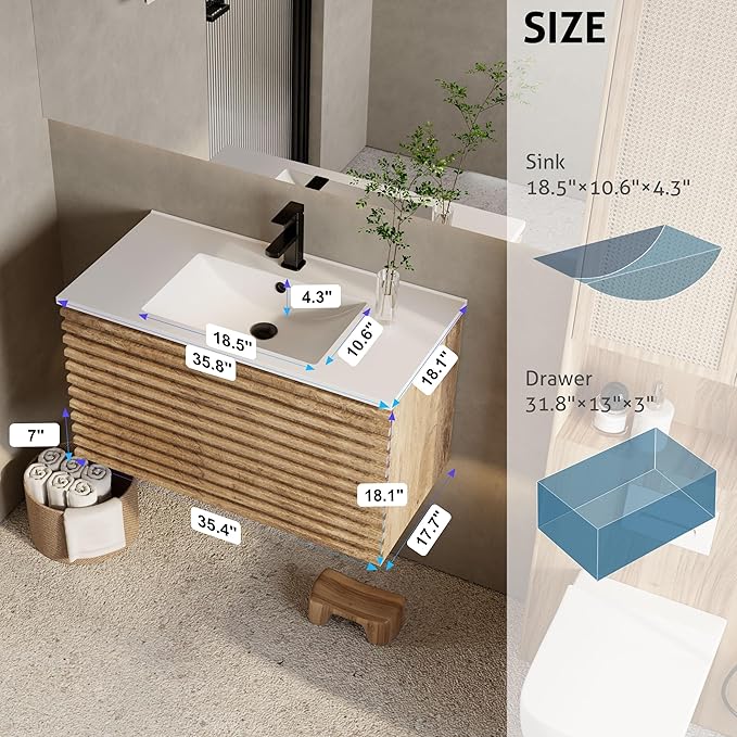 eclife 36" Floating Bathroom Vanity with Sink Combo Mid-Century Wall Mounted Cabinet with Wood Stripes Decor, Drawers, Undermount Sink, Faucet, Drain, Light Walnut