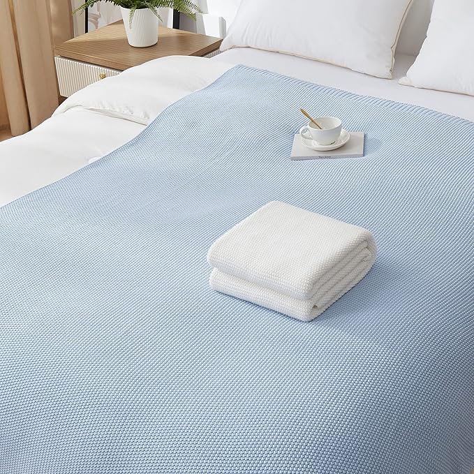 Longhui bedding 100% Cotton Light Blue Lightweight Cable Knit Throw Blanket for Couch Sofa Bed Home Décor Bonus Laundering Bag – Large 60 x 80 Inch, Machine Washable, Blue Color