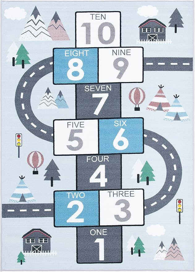 SAFAVIEH Washable Rug Kids Playhouse Collection - 8'9" x 12', Grey & Blue, Slip Resistant & Easy to Clean, Ideal for Kids Room, Playroom, Nursery, Boys & Girls Room (KPH226F)