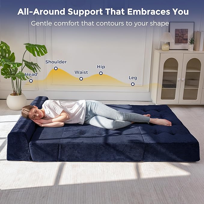 MAXYOYO 8" Folding Sofa Bed, Convertible Sleeper Sofa Lounger Foldable Mattress, Wedge Shape Floor Couch Tufted Fold Out Chair Bed Comfy Floor Couch Lounge for Living Room Bedroom, Loveseat, Navy