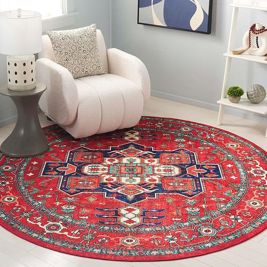 SAFAVIEH Washable Rug Orlando Collection - 6'7" Round, Red & Beige, Non-Shedding & Easy to Clean, Ideal for Living Room, Bedroom, Dining Space (ORL758Q)