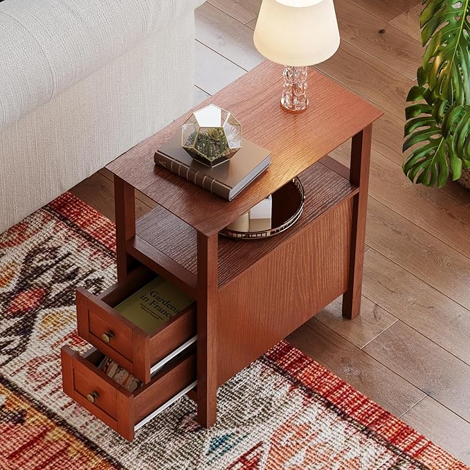 ChooChoo End Tables Living Room Set of 2, 3-Tier Narrow Nightstand with with 2 Drawers, Slim Bedside Tables for Living Room, Bedroom, Small Space, Cherry Brown