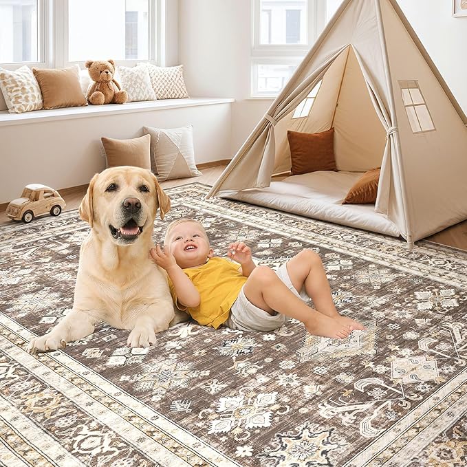 Vintage Living Room Area Rug 10x12 - Large Soft Washable Oriental Traditional Distressed Farmhouse Rugs for Bedroom - Indoor Floor Accent Carpet for Home Office House Decor - Dark Brown