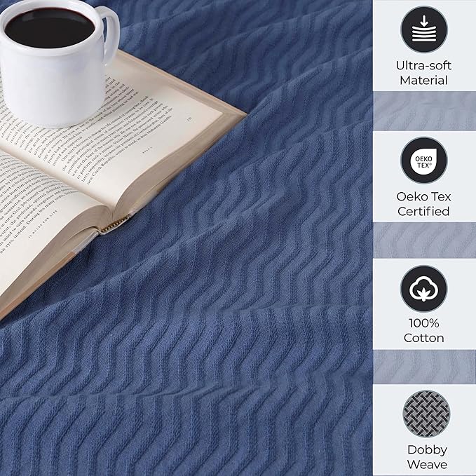 Superior JENA Cotton Blanket Picnic, Beach, Traveling or Camping, Bedroom Decor, Essentials, Cover for Bed, Couch, Lounging, Textured Jacquard, Modern Chevron Woven Blanket, Full/Queen, Merritt Blue