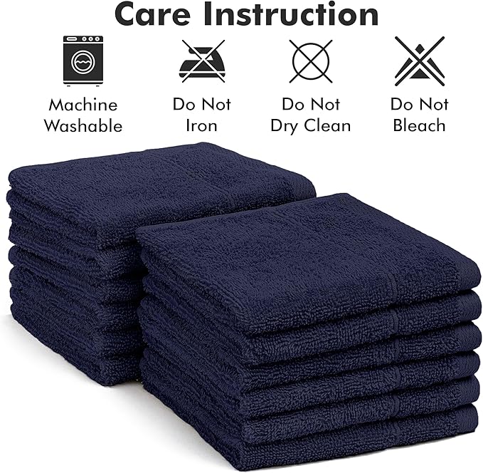 Face Towels Pack of 12 – 100% Cotton Wash Cloths (12x12 inch) – Soft, Quick Dry & Highly Absorbent Hand Towels for Bathroom, Spa, Gym, Kitchen and for Daily Use - (Navy Blue)
