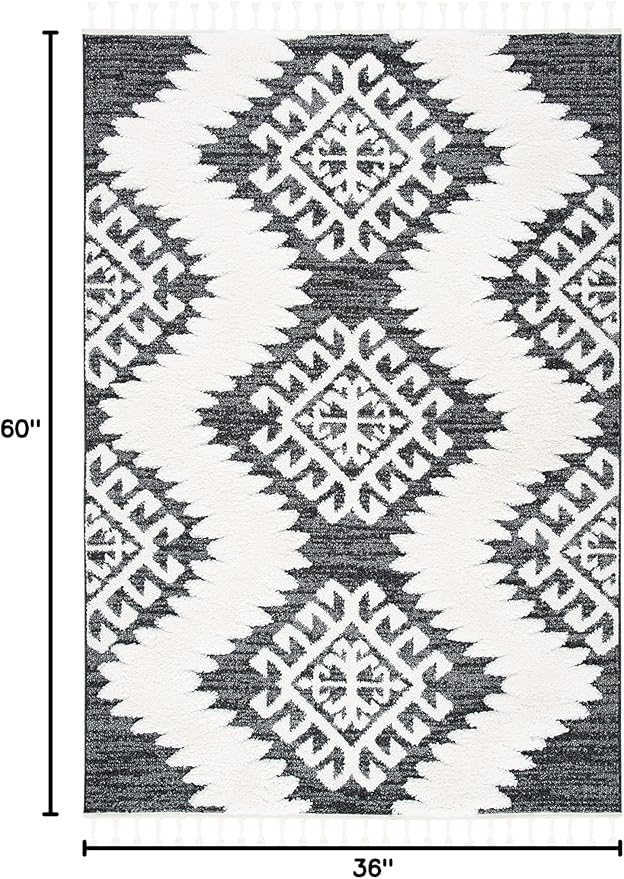 SAFAVIEH Moroccan Tassel Shag Collection Accent Rug - 3' x 5', Dark Grey & Ivory, Non-Shedding & Easy Care, 2-inch Thick Ideal for High Traffic Areas in Entryway, Living Room, Bedroom (MTS652H)