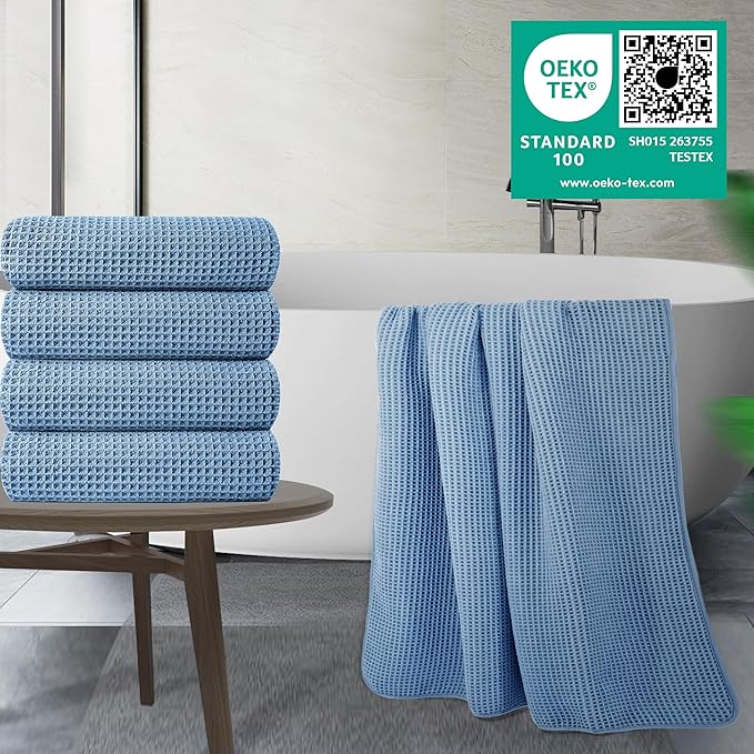 430 GSM Microfiber Oversize Quick Dry Lint Free Bath Towel, 60 x 30 in, 4 Pack (Waffle Weave)