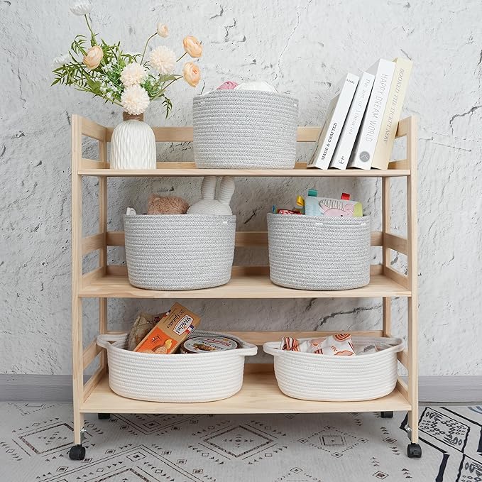 Woven Cotton Storage Baskets - 3-Pack Round Bins (10x10x7'') for Shelves, Closets & Bookcases | Durable Rope Organizers for Nursery, Baby, Toys, Easter & More (grey)