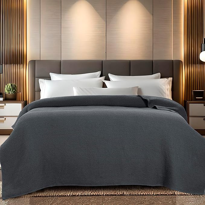 Bed & Bath Home Premium 100% Cotton Waffle Weave Blanket Queen Size – Soft Breathable Lightweight Comfort, Natural All-Season Bed Blanket, Easy-Care Bedspread for Bed & Couch (Grey)