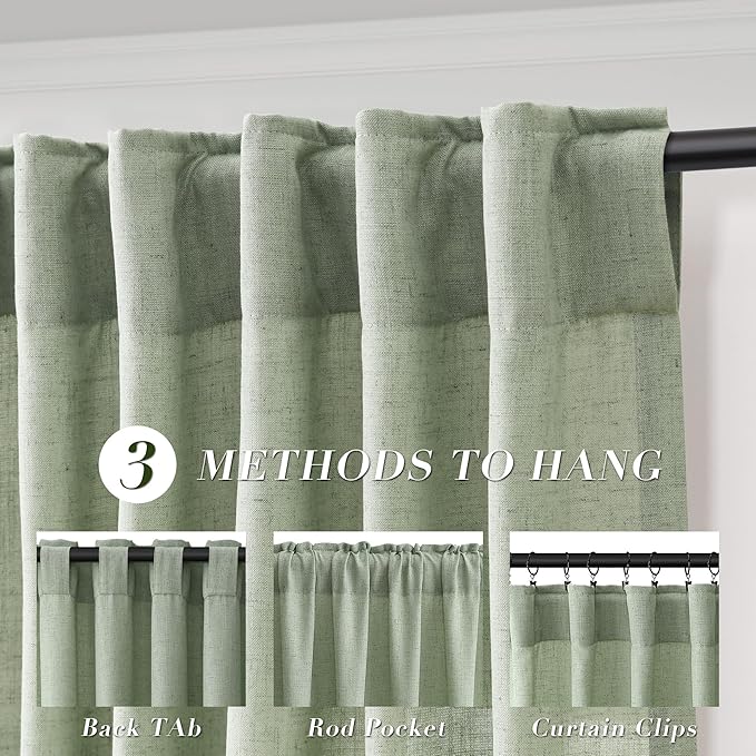 Joywell Mist Sage Back Tab Rod Pocket Linen Curtains 96 Inches Long 2 Panels for Living Room Bedroom Neutral Boho Farmhouse Rustic Light Filtering Semi Sheer Curtains Window Treatment 52x96