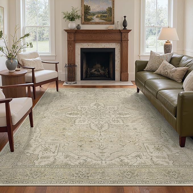 GENIMO 8X10 Washable Vintage Area Rugs for Living Room, Non-Slip Low Pile Chenille Print Rug, Soft Rugs for Bedroom Dining Room Home Office, Linen & Taupe