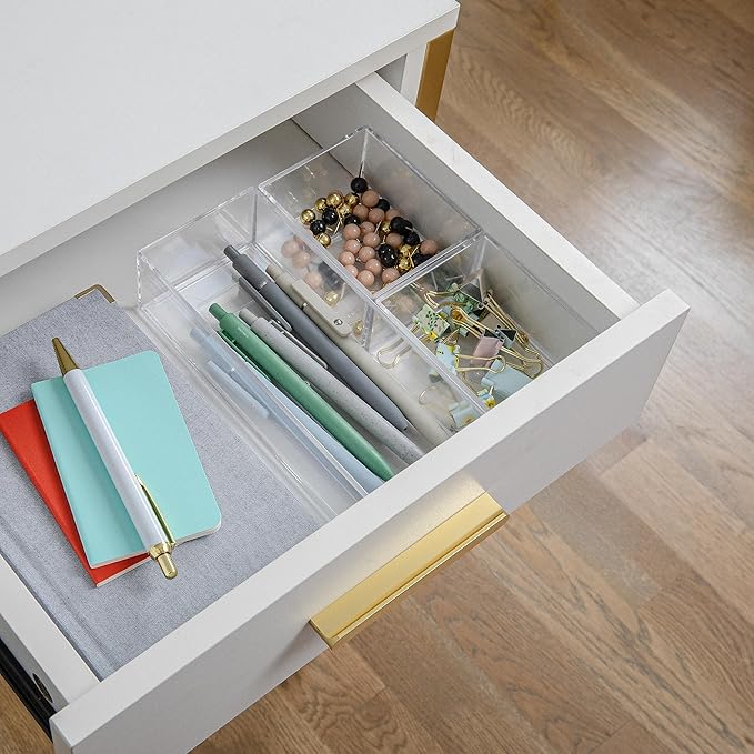 Martha Stewart Brody Desktop Storage Organizer, Stack and Slide Plastic Organizer Tray, Organizer for Office, Kitchen, or Vanity, 2-S, 1-M
