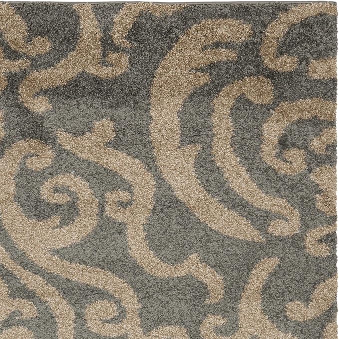 SAFAVIEH Florida Shag Collection Area Rug - 6'7" Square, Grey & Beige, Damask Design, Non-Shedding & Easy Care, 1.2-inch Thick Ideal for High Traffic Areas in Living Room, Bedroom (SG462-8013)