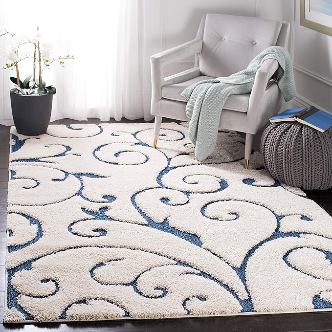 SAFAVIEH Florida Shag Collection Accent Rug - 4' x 6', Cream & Blue, Scroll Design, Non-Shedding & Easy Care, High-Low Plush Pile, Ideal for Living Room, Bedroom, Dining Space (SG455-1165)